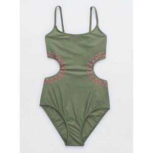 Aerie Womens Cut Out Full Coverage One Piece Olive Green Swimsuit Bathing Suit M